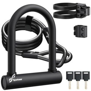 Sportneer Bike U Lock: 18mm Shackle Heavy Duty Bike Lock with 6ft Security Steel Cable - Bicycle U-Locks with Keys and Sturdy Mounting Bracket for Road Mountain Bike Bicycle, Size 7.87''x6.3''