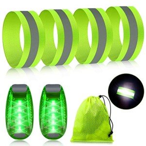 Sumind Reflective Running Gear Set Include 2 Pieces LED Safety Lights and 4 Reflective Bands for Wrist Arm Ankle Leg Straps Tape High Visibility Bands Strobe Running Light for Woman Men