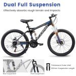 Ecarpat 24 26 Dual Full Suspension Mountain Bike，21-Speed Dual Disc Brakes Carbon Steel Mens Women Mountain Bike, Sport Cycling MTB Bicycle for Adult