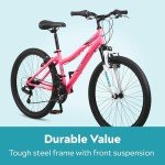 Pacific Cavern Mountain Bike for Youth, Boys and Girls, 21-Speed Twist Shifter, 24-Inch Wheels, 14-Inch Steel Frame, Front Suspension, Kickstand Included, Pink