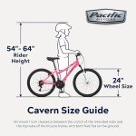 Pacific Cavern Mountain Bike for Youth, Boys and Girls, 21-Speed Twist Shifter, 24-Inch Wheels, 14-Inch Steel Frame, Front Suspension, Kickstand Included, Pink