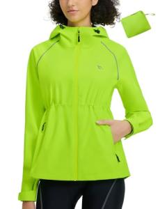 baleaf Women's Rain Jackets Waterproof Windbreaker Packable Lightweight Cycling Running Jacket Hiking Gear Reflective Hooded Fluorescent Green M