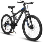 KIAPALNO 26 Inch Mountain Bike, Dual Full Suspension 21 Speed Womens Mens Mountain Bikes, Commuter Bike with Carbon Steel Frame and Dual Disc Brakes