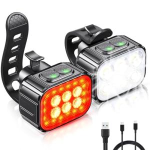Cuvccn Bike Lights Set Ultra Bright, Bicycle Light Rechargeable with 6 Spot & Flood Beams, IP65 Waterproof Bike Lights for Night Riding, DIY 4X4 + 6X6 Modes Bicycle Headlight and Tail Light Reflectors