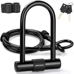 Hapleby Premium Bike Lock Set with 2 Keys, Bike U-Lock with 6 Feet Thickened Solid Steel Cable, Heavy Duty Anti Theft Bicycle U-Lock with Mounting Bracket for Road, Mountain, Folding Bike and Scooter
