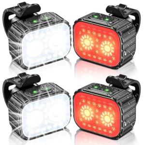 Cuvccn Bike Lights, Rechargeable Bicycle Lights Set Super Bright 8+12 Modes, IPX6 Waterproof Bike Lights for Night Riding/Cycling Safety, Front and Back Taillight Reflectors, 58 Hrs Long Battery Life