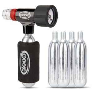 CXWXC CO2 Inflator with Pressure Gauge / 5 x 16g CO2 Cartridges - Presta & Schrader Valve Compatible - CO2 Bike Pump for Road and Mountain Bikes
