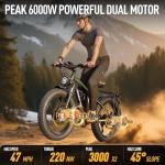 Qweepei Electric Bike for Adults Peak 6000W 52V Fast Dual Motor Ebike 34AH Battery 40-47MPH 100 Miles Range with Hydraulic Disc Brake Rear Bag 24 Inch Fat Tire Electric Bicycle for All Terrain