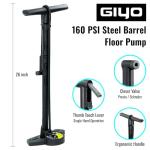 GIYO Bike Floor Pump - 3" Dual Scale Gauge - Road & MTB | One Handed Operation -Clever Valve for Presta & Schrader | Max 160PSI Steel Barrel (GF27)