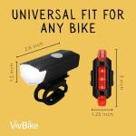 VivBike Rechargeable Bicycle Lights Set for Daily Use, LED Front Light and Rear Light, USB Mini Rechargeable, IPX4 Waterproof, Easy Mount | A HerTime2 Brand