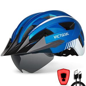 VICTGOAL Bike Helmet with USB Rechargeable Rear Light Detachable Magnetic Goggles Removable Sun Visor Mountain & Road Bicycle Helmets for Men Women Adult Cycling Helmets (L: 57-61 cm, Metal Blue)