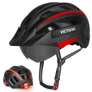 VICTGOAL Bike Helmet for Men Women with Led Light Detachable Magnetic Goggles Removable Sun Visor Mountain & Road Bicycle Helmets Adjustable Size Adult Cycling Helmets (L: 57-61 cm, Black Red)