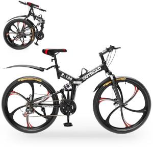 Outroad 26 Inch Folding Mountain Bike, 21 Speed Dual Disc Brake Non-Slip Folding Bikes, Full Suspension High-Carbon Steel MTB Foldable Bicycle for Adults/Men/Women, Black