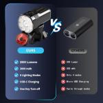 Spriak USB-C Rechargeable Bike Light 1000-2500 Lumens Front & Rear Set, Super Bright LED, IP65 Waterproof, Aluminum Alloy, Memory Mode, Commuting & Mountain Night Riding