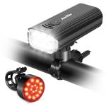 Ascher USB Rechargeable Bike Light Front and Back, Super Bright 1000 Lumens Bicycle Headlight and Compact Rear Tail Light, 4 Light Modes, Large Capacity Battery for Night Riding Road Mountain, Black