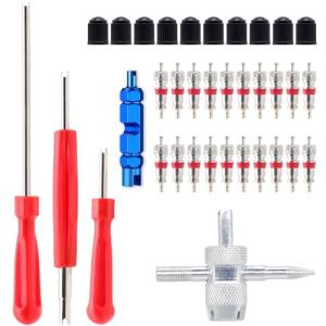 ZHSMS Valve Stem Removal Tool - 20Pcs Valve Cores, 10Pcs Tire Valve Caps, 4-Way Valve Tool, Valve Core Remover Tool