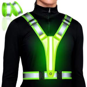 Led Light Up Running Vest Reflective Vest for runners night walking, Rechargeable LED Reflective Running Vest High Visibility with Adjustable Waist/Shoulde, Reflective Armband for Women Men (Green)