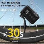 Veltuno Mini Electric Bike Pump, Max 150 PSI Fast Inflation with Digital Pressure Gauge, Smart Auto Stop, USB-C Rechargeable, Presta & Schrader Valve for Road Bike, MTB, E-Bike, Motorcycle, Balls