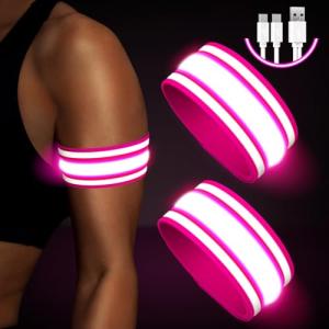 Light Up LED Armband for Running Walking at Night,Reflective Arm Bands for Runners,Rechargeable Jogging Lights,High Visibility Night Running Safety Gear Adjustable Running Women Men Kids (Pink)