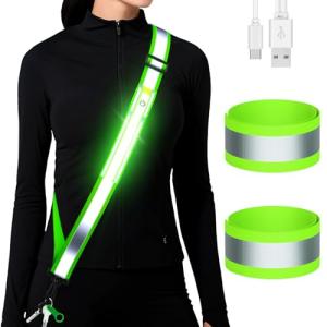 LED Reflective Running Gear High Visibility Reflective Belt Sash with Armband for Walking at Night,Adjustable Running Safety Gear Light Up Running Belt for Runners Walkers Men Women (Green)
