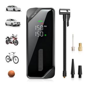 VOLLYC Tire Inflator Portable Air Compressor–150 PSI Air Pump for Car Tires with Fast Inflation, Cordless Bike Pump with Digital Pressure Gauge, 4 Preset Modes for Car Bike Motorcycle Balls