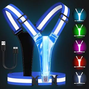Zacro LED Reflective Vest Running Gear, 5 Lights Colors High Visibility Reflective Running Gear Rechargeable Light Up Running Vest for Walking Running Cycling, Adjustable for Men Women Kids (Blue)