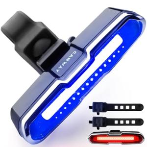 CANWAY Bicycle Rear Light Red Blue, Bike Tail Light Rechargeable 168 Lumens Bike Tail Light Battery USB C 500 mah 5 Modes Waterproof Safety for Road Mountain Night Riding