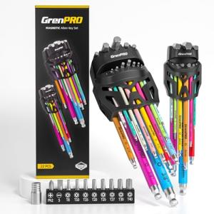 GRENPRO Allen Wrenches Sets, Hex Key Set, 33pcs Allan Wrench Sets Metric And Standard & SAE Color Coded Bike Wrench Tools Organizer With Bit Set And Adapter, Long Large Small Ball End Allen Wrench Set