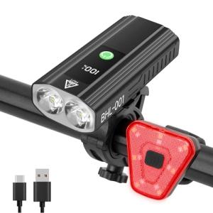 Super Bright Bike Lights for Night Riding, 5000mAh USB C Rechargeable LED Bicycle Light Front and Rear, 2000 Lumens Headlight and Back Tail Light Set for Road Mountain, (Black, 1 Set)