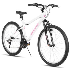 HILAND 26 Inch Womens and Mens Mountain Bike, 18 Speed Steel Frame Adult Bicycle, MTB Bikes with Suspension Fork, V Brake, Mountain Bicycle for Woman Man, White