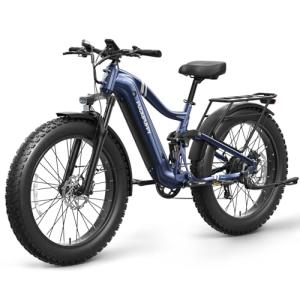 PUCKIPUPPY Boxer Electric Bike for Adults 960W, 48V 20AH Battery Ebike, 26" Fat Tire E Bike, Full Suspension 28MPH 80Miles Range Mountain Electric Bicycle, Hydraulic Disc Brakes, 7 Speed Blue