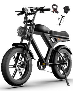 MOVCAN V30 Electric Bike for Adults 1000W(Peak 1500W) Motor,28MPH,70 Miles, 20" Fat Tire Ebike, 48V 15.6Ah Single Battery, with Phone Holder, Electric Motorcycle for Commuting/ Off-roading,Black
