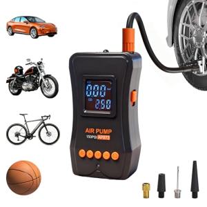 Tire Inflator Portable Air Compressor, 150PSI Dual Power - 4000mAh & 12V DC, Cordless Mini Bike Pump with Digital Dual Values Display/LED Light, tire Air Pump for Car Tires, Bike, Motorcycle, Bicycle