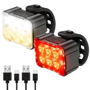 2 Packs USB Rechargeable Bike Light Set, Bicycle Safety Lights Front and Rear with 6+12 Modes, IPX4 Waterproof Headlight and Taillight for Night Riding/Cycling
