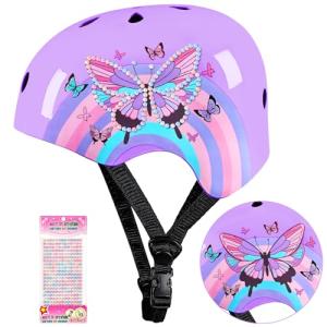 Kids Bike Helmet Adjustable Youth Toddler Helmet with DIY Stickers for Girls Age 3-5-8-14 Years for Bicycle Scooter Skateboard Roller Skating
