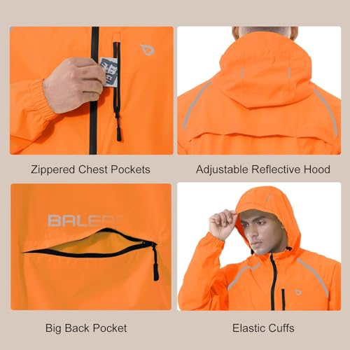 baleaf Mens Rain Jacket Waterproof Raincoat Windbreaker Gear Running Cycling Golf Coats Hood Lightweight Reflective Orange 2XL