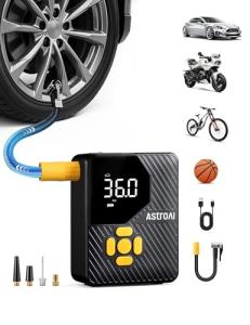 AstroAI L7 Mini Tire Inflator Portable Air Compressor,150 PSI Cordless Car Tires Air Pump with LED Lights&Pressure Gauge,Auto Shut-Off - Tire Pump for Auto,Motorcycle, Bicycle, Ball Yellow