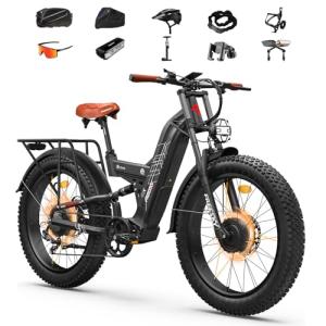 FREESKY 4000W Dual Motor Electric Bike for Adults, 48V 30AH Battery 120Miles Range, 40+MPH AWD Fast E-Bike, 26" Fat Tire Full Suspension Off-Road Electric Mountain Bike, UL2849 Warrior Pro