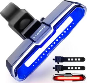 CANWAY Bicycle Rear Light Red Blue, Bike Tail Light Rechargeable 168 Lumens Bike Tail Light Battery USB C 500 mah 5 Modes Waterproof Safety for Road Mountain Night Riding