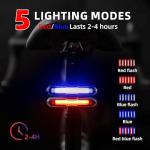 CANWAY Bicycle Rear Light Red Blue, Bike Tail Light Rechargeable 168 Lumens Bike Tail Light Battery USB C 500 mah 5 Modes Waterproof Safety for Road Mountain Night Riding