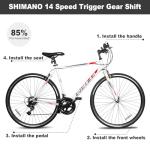 WEIZE 700C Hybrid Bike for Adults, 14 Speed Road Bike, City Commuter Bicycle with Caliper Brakes, High-Carbon Steel Racing Adult Bike, Urban Adult Bicycle for Men and Women, White