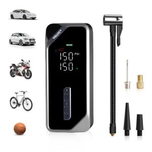 VOLLYC Tire Inflator Portable Air Compressor–150 PSI Air Pump for Car Tires with Fast Inflation, Cordless Bike Pump with Digital Pressure Gauge, 4 Preset Modes for Car Bike Motorcycle Balls