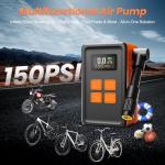 Mini Bicycle Pump with Gauge, Max 150PSI Electric Bike Pump with Presta & Schrader Valve, 4X Faster, Auto Stop, Brushless Motor, Upgraded Portable Bike Tire Pump for E-Bike, MTB, Road Bike, Ball, etc