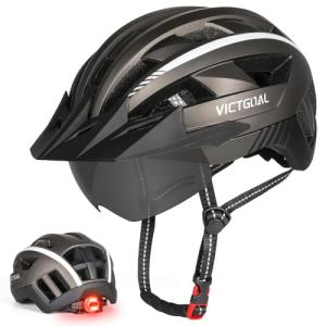 VICTGOAL Bike Helmet for Men Women with Led Light Detachable Magnetic Goggles Removable Sun Visor Mountain & Road Bicycle Helmets Adjustable Size Adult Cycling Helmets (L: 57-61 cm, Ti)