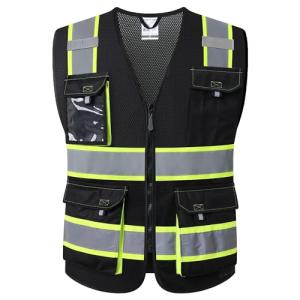 JKSafety Hi Vis Reflective Safety Vests for Men Women High Visibility Vest with Pockets Mesh Fabric Construction Safety Apparel Neon Vest for Work (220-Black L)
