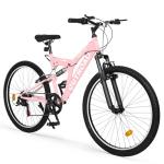 Max4out 26 inch Mountain Bike Dual Full Suspension, Outdoor Hybrid Bikes,7-Speed/High-Carbon Steel, for Men Women Adult, MTB Bicycle with Suspension Fork, Pink