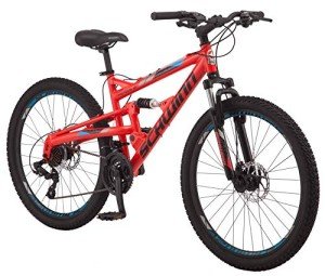 Schwinn Protocol 1.0 Men and Women Mountain Bike, 26-Inch Wheels, 21-Speed Drivetrain, Lightweight Aluminum Frame, Full Suspension, Mechanical Disc Brakes, Red/Blue