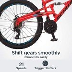 Schwinn Protocol 1.0 Men and Women Mountain Bike, 26-Inch Wheels, 21-Speed Drivetrain, Lightweight Aluminum Frame, Full Suspension, Mechanical Disc Brakes, Red/Blue