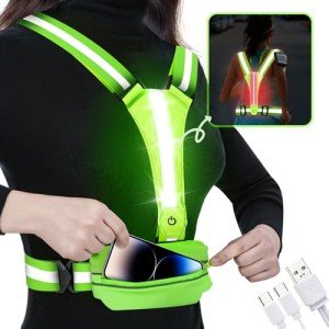 LOYAL SEA LED Reflective Light Up Safety Running Vest for Biking Walking at Night, High Visible Adjustable Running Light for Runners Rechargeable with Pouch, Reflective Running Belt Gear for Women