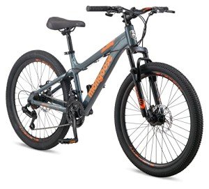 Mongoose Grafton Mountain Bike for Youth Boys Girls, 24-Inch Wheels, 21-Speed Trigger Shifter, 14.5-Inch Aluminum Frame, Front Suspension, Mechanical Disc Brakes, Grey